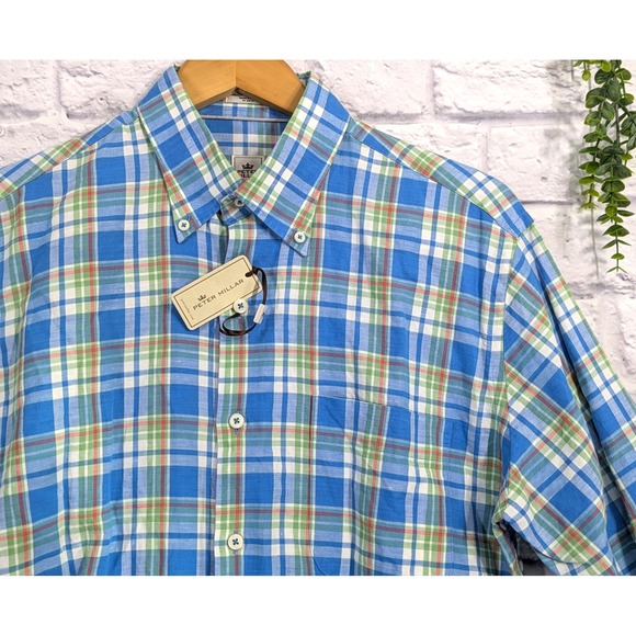 NWT LINEN🚨Peter Millar Long Sleeve Button Shirt Men M Madras Plaid Blue Cotton